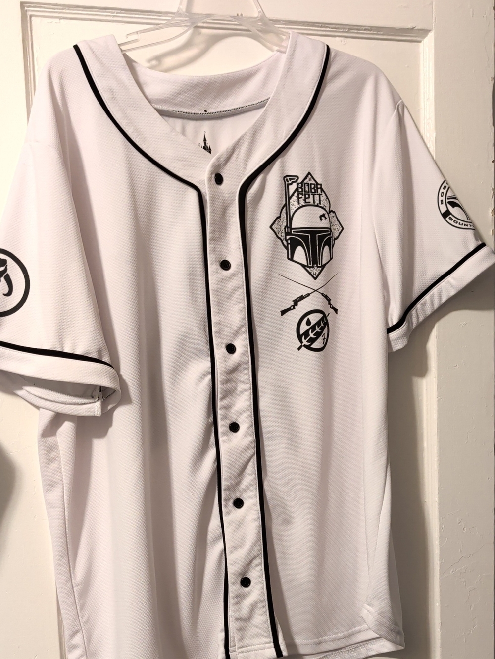 Disney White Baseball Jersey with Black Trim and Boba Fett Graphics